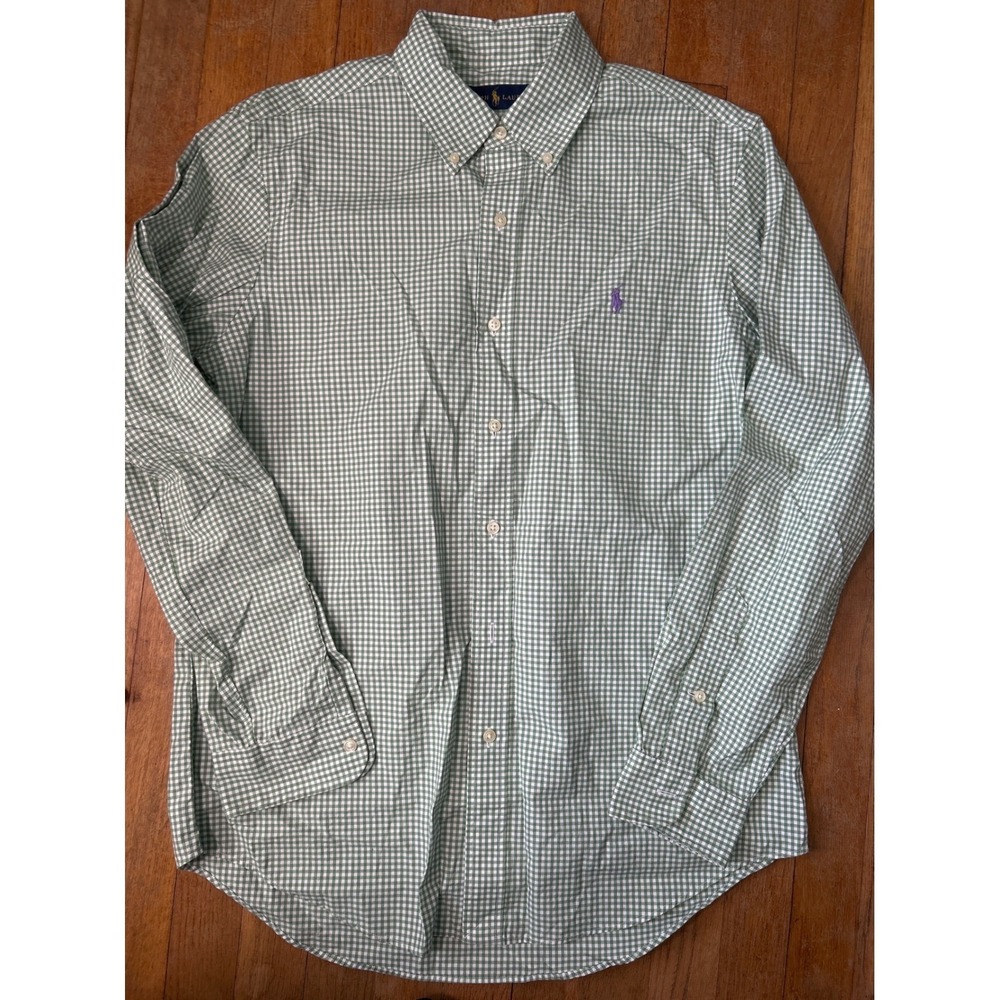 Ralph Lauren Mens Green White Gingham Button Down Shirt Long Sleeve Size M